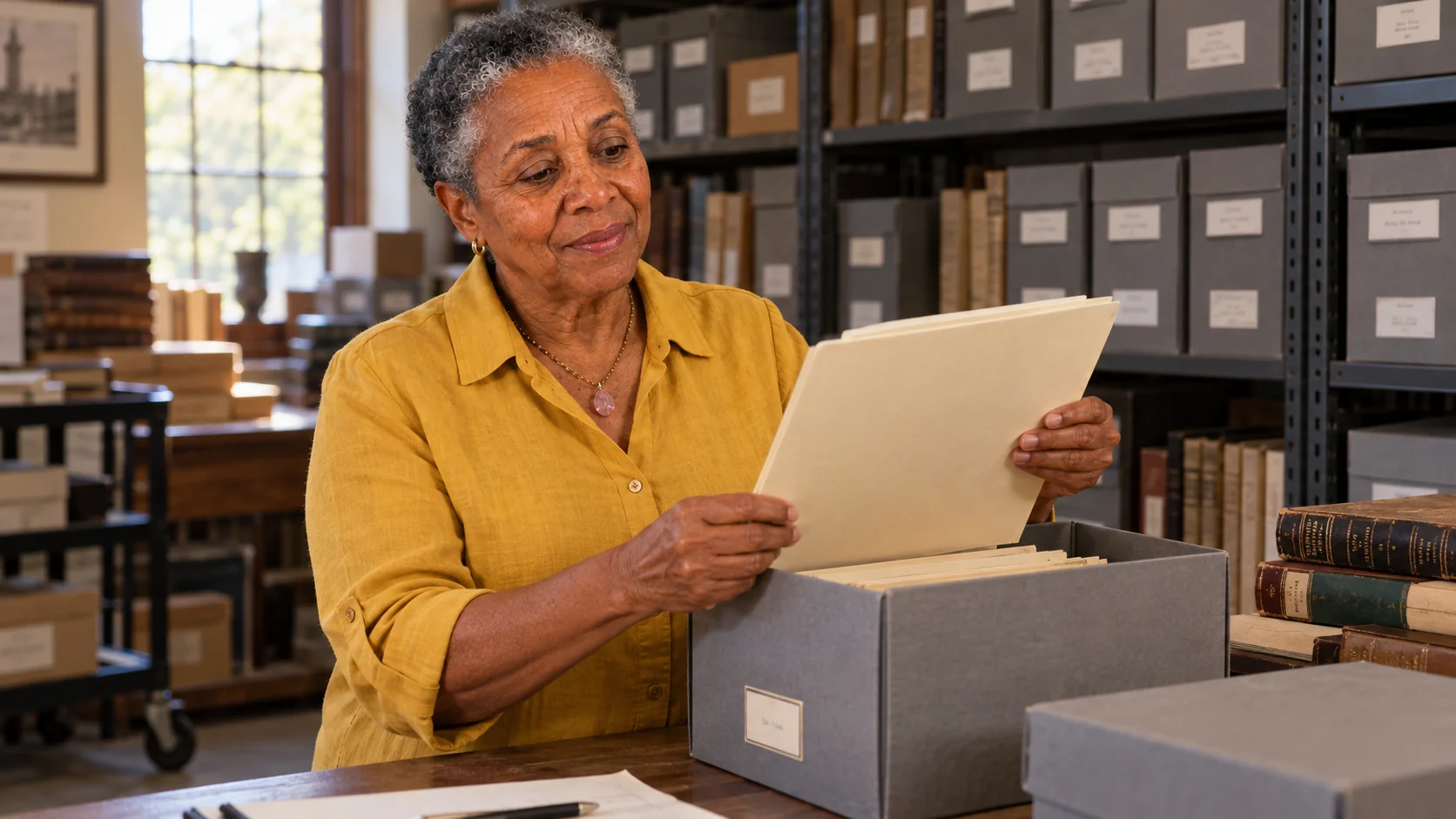 Felicia examining a folder beside archive boxes