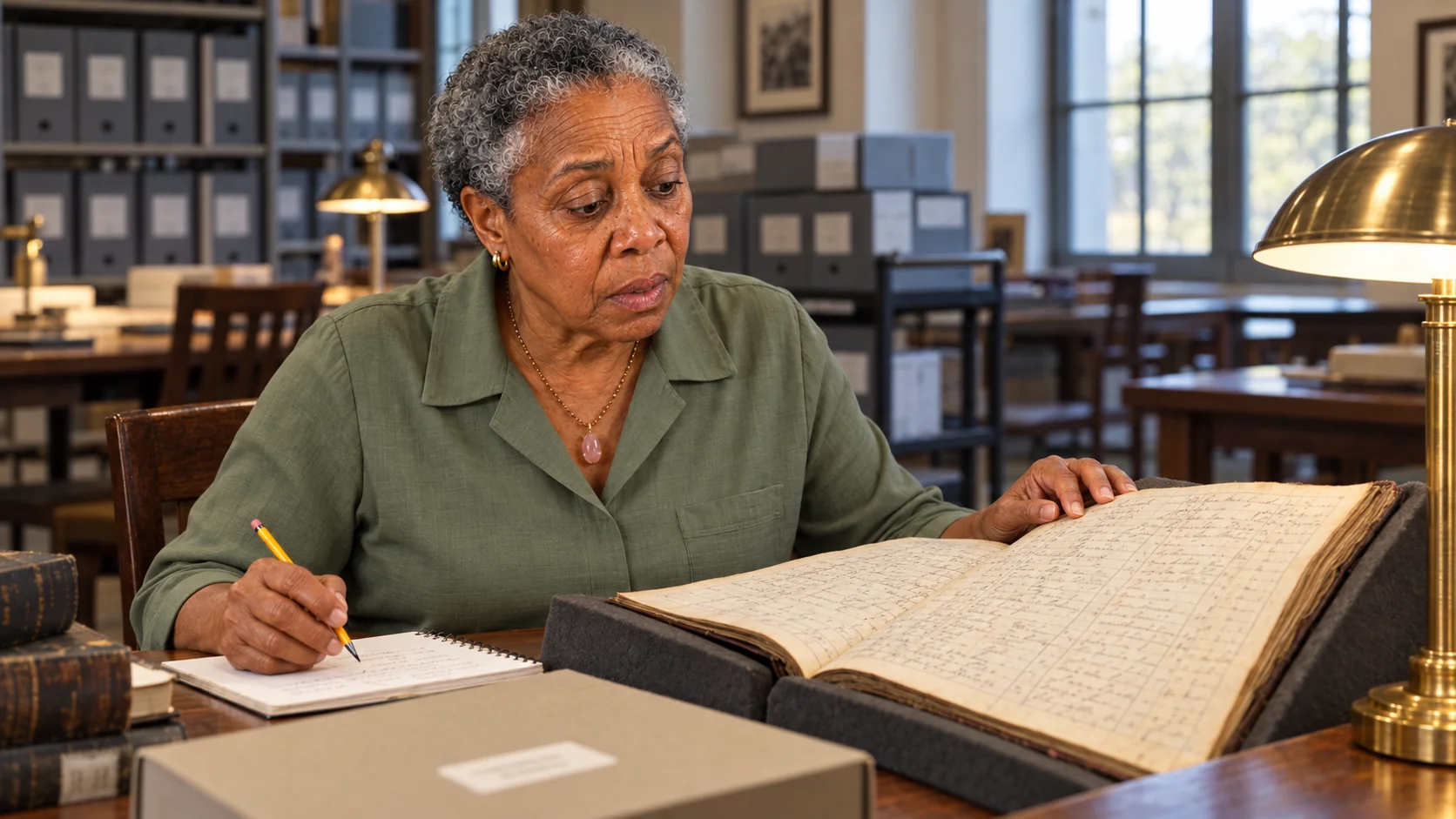 Felicia reading an archive ledger and taking notes