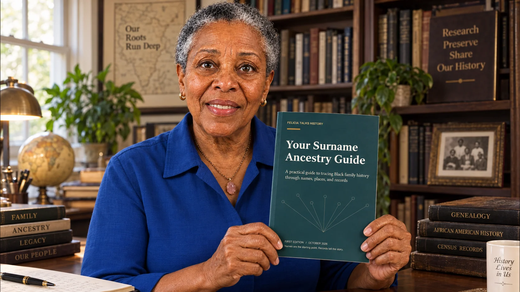 Felicia holding Your Surname Ancestry Guide