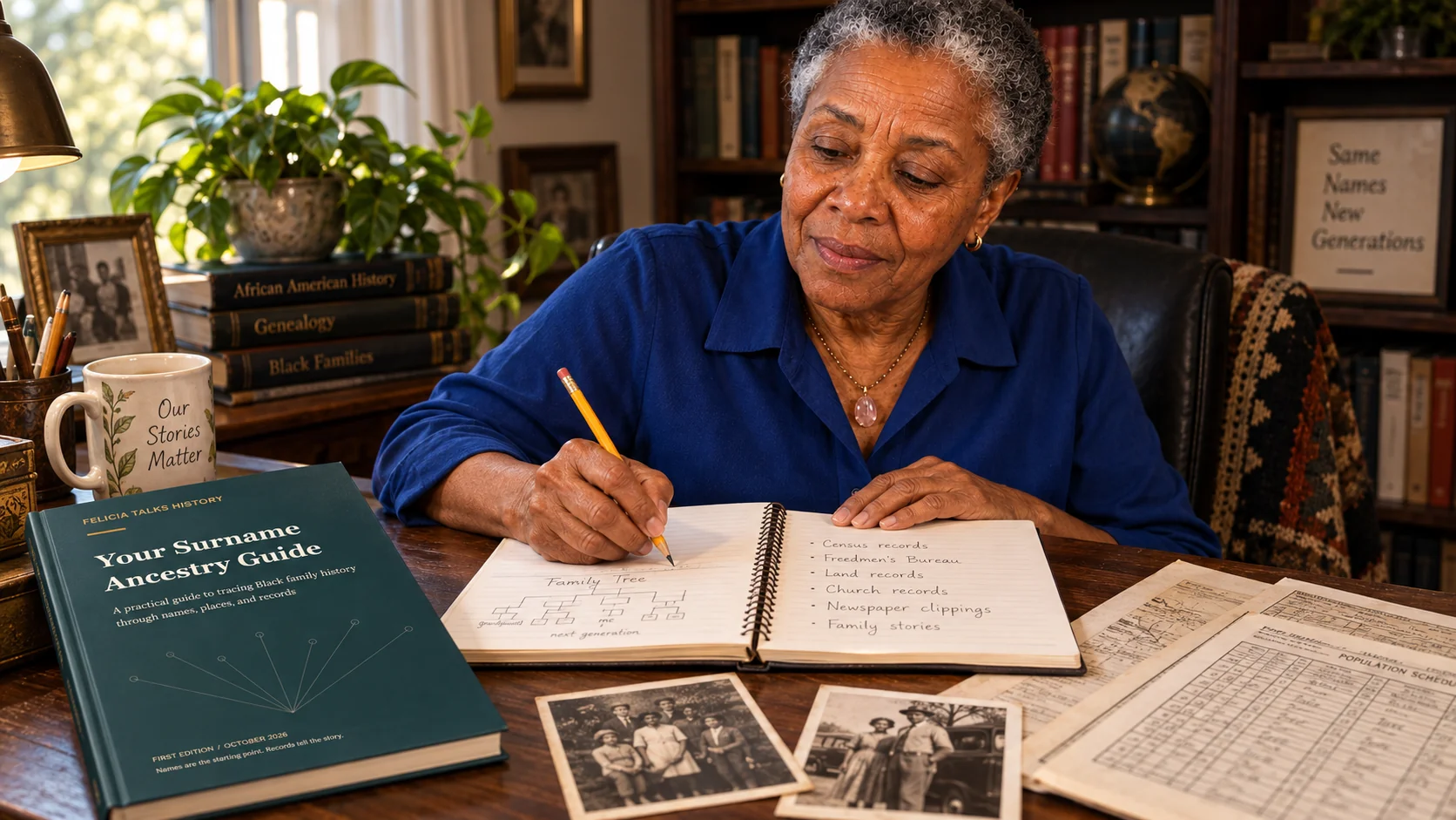 Felicia organizing family-history research at her desk