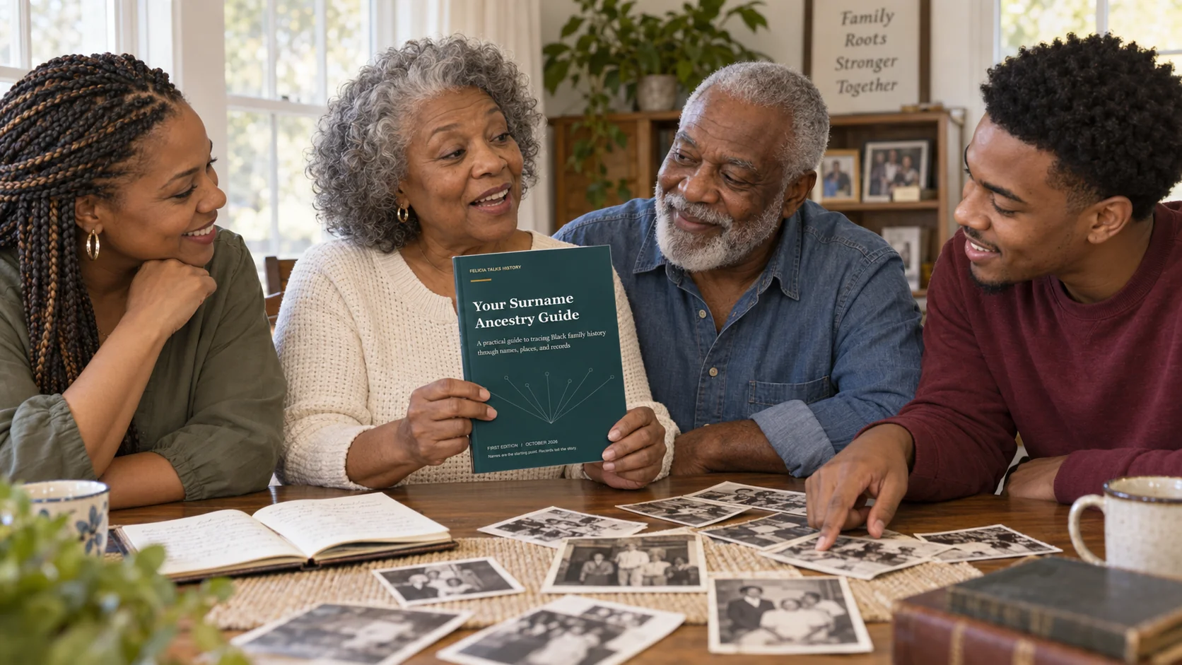 Illustration of three generations sharing the guide and family photographs