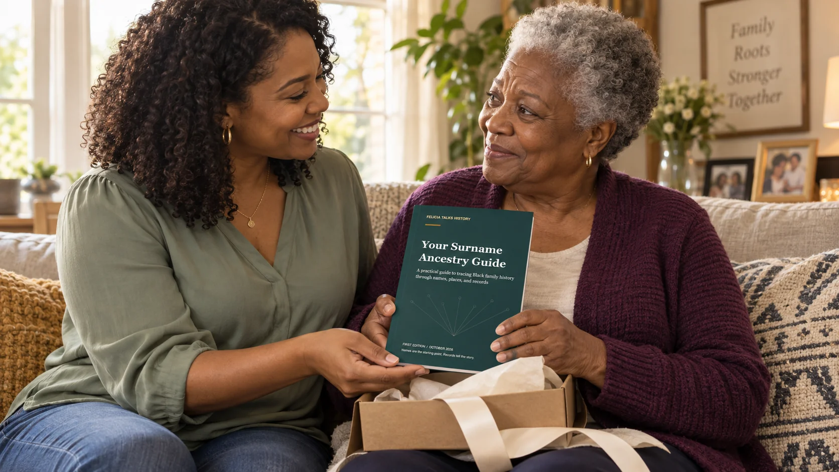 Illustration of a daughter sharing a printed guide with her mother